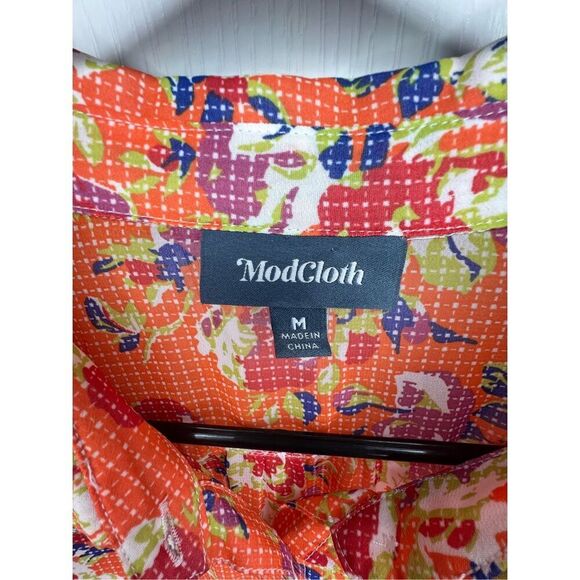Modcloth Sheer Orange Floral Button Up Loose Fit Long Sleeve Blouse - Picture 3 of 5